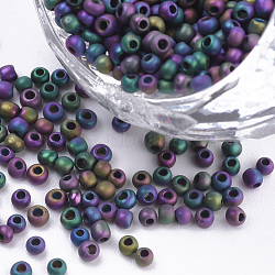 Glass Seed Beads, Frosted Style, Metallic, Round, Colorful, 2.3x1.5mm, Hole: 0.8mm, about 30000pcs/bag, about 450g/bag(SEED-Q025-2mm-A02)