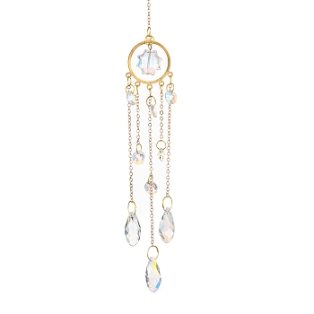 Iron Hanging Ornaments, Glass Teardrop Tassel Suncatchers for Outdoor Garden Dcorations, Ring, 310mm