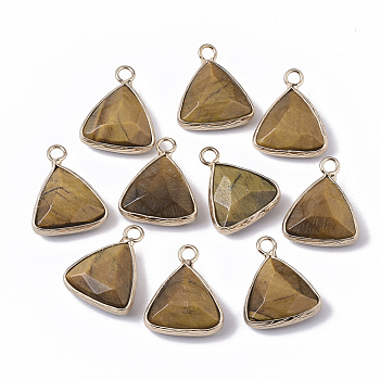 Natural Tiger Eye Pendants, with Golden Tone Brass Open Back Bezel, Faceted, Triangle, 19x16x6mm, Hole: 2mm