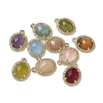 Natural Mixed Gemstone Faceted Oval Pendants, Rack Plating Brass Micro Pave Cubic Zirconia Charms, Golden, Mixed Dyed and Undyed, 15.5x11x4.5mm, Hole: 1.4mm