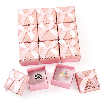 Bowknot Cardboard Paper Ring Gift Storage Boxes, with White Sponge Inside, Square, Pink, 5.05x5.05x3.8cm