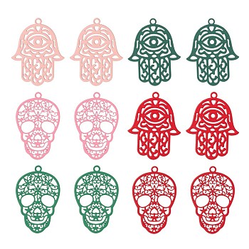 36Pcs 2 Style 430 Stainless Steel Filigree Pendants, Spray Painted, Etched Metal Embellishments, Skull & Hamsa Hand/Hand of Miriam with Eye, Mixed Color, 23x15~18x0.3~0.5mm, Hole: 1.2~1.4mm, 18pcs/style