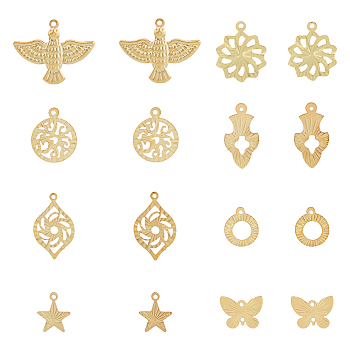 64Pcs 16 Style Rack Plating Brass Pendants, Long-Lasting Plated, Star & Ring & Butterfly, Mixed Color, 10~25x9~25x0.3~1mm, Hole: 1~1.4mm, 4pcs/style
