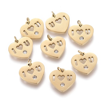 316 Surgical Stainless Steel Charms, with Jump Rings and Crystal Rhinestone, Heart, Golden, 9x10x1mm, Hole: 1.4mm