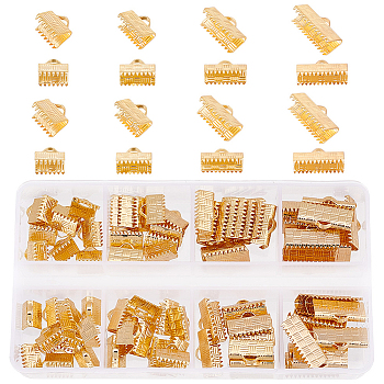 Elite 80Pcs 4 Style Brass Ribbon Crimp Ends, Rectangle, Real 18K Gold Plated, 7~8x8~16mmm, Hole: 1x3mm, 20Pcs/style