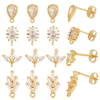 16Pcs 4 Styles Brass Cubic Zirconia Stud Earring Findings, with Loop, 20Pcs 304 Stainless Steel Ear Nuts, Real 18K Gold Plated, 6~14.5x4.5~8x3mm, Hole: 0.8~1mm, Pin: 0.5~0.8mm