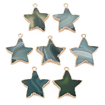 Natural Agate Pendants, with Light Gold Plated Iron Findings, Star, Dyed & Heated, Dark Slate Blue, 29~34x25~31x4~6.5mm, Hole: 2mm