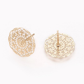 Brass Stud Earring, Flower, Real 18K Gold Plated, 14.5x0.3mm, Pin: 0.7mm