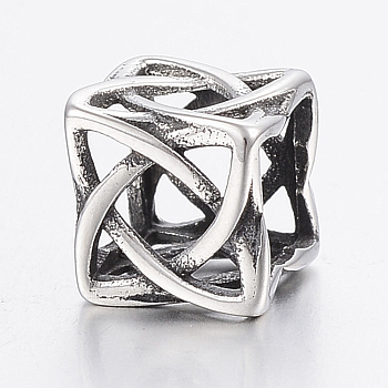 304 Stainless Steel Beads, Large Hole Beads, Hollow Cube, Antique Silver, 9x9x8mm, Hole: 6mm