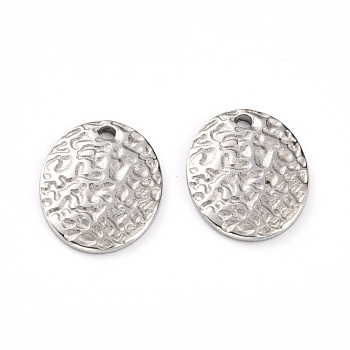 304 Stainless Steel Pendants, Textured, Flat Round, Stainless Steel Color, 15x12x2mm, Hole: 1.5mm