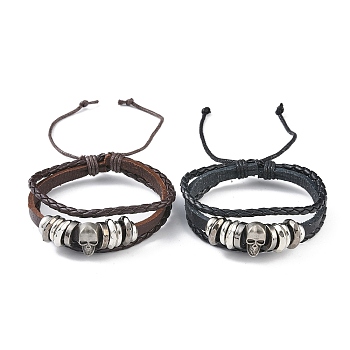 PU Leather & Waxed Cords Triple Layer Multi-strand Bracelets, Braided Adjustable Bracelet Alloy Skull, Mixed Color, Inner Diameter: 2-3/8~3-1/8 inch(5.9~8cm)