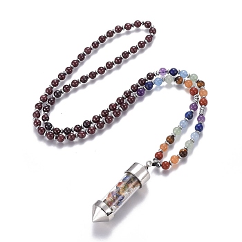 Natural Mixed Stone Pendant Necklace, with Glass Beads and Brass Findings, Bullet, 27.9 inch(71cm), beads: 6mm, pendant: 65x17.5mm