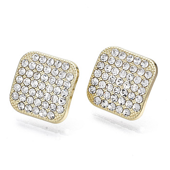 Alloy Rhinestone Stud Earrings, with Steel Pin, Square, Cadmium Free & Lead Free, Textured, Crystal, Light Gold, 17x17mm, Pin: 0.7mm