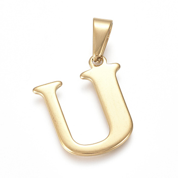 304 Stainless Steel Pendants, Golden, Initial Letter.U, 26x22x1.5mm, Hole: 3x9mm