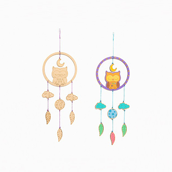 DIY Owl Wind Chime Making Kits, Including 1Pc Wood Plates, 1 Card Cotton Thread and 1Pc Plastic Knitting Needles, for Children Painting Craft, Owl Pattern, Thread & Needle: Random Color