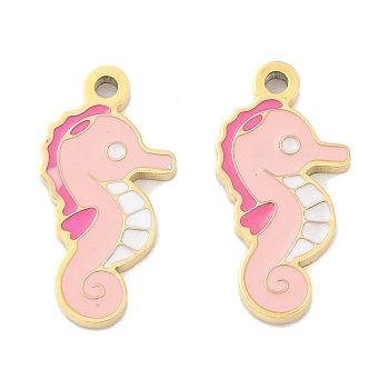 Ion Plating(IP) 304 Stainless Steel Charms, Sea Animal Theme Enamel Charms, Real 14K Gold Plated, Sea Horse, 12x6x0.8mm, Hole: 0.8mm