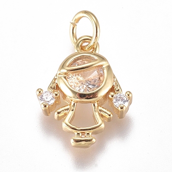 Brass Micro Pave Cubic Zirconia Pendants, with Jump Ring, Long-Lasting Plated, Girl, Clear, Golden, 11.5x9.5x3mm, Hole: 3mm