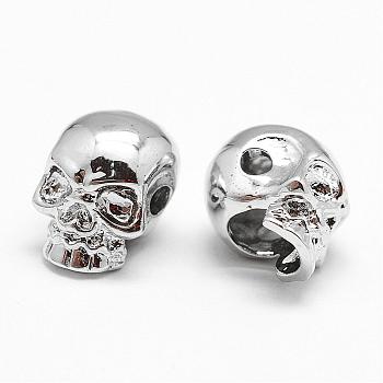 Brass Beads, Skull, Cadmium Free & Nickel Free & Lead Free, Real Platinum Plated, 11x8.5x10.2mm, Hole: 2mm