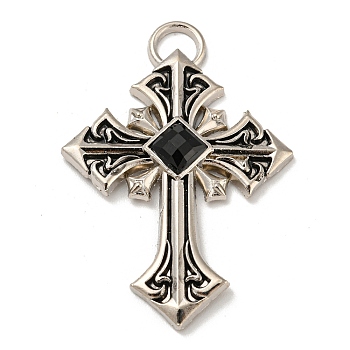 Alloy Big Pendants, with Jet Rhinestone, Cross Charms, Antique Silver, 50x35x4.5mm, Hole: 3x6mm