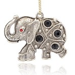 Antique Silver Alloy Rhinestone Elephant Pendants, Jet & Light Siam, 38x48x7mm, Hole: 3mm(PALLOY-J204-02AS)