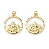 Brass Pendants, with Jump Ring, Long-Lasting Plated, Flat Round with Alps Mountain, Real 18K Gold Plated, 23.5x20x2mm, Hole: 3mm, Jump Ring: 5x0.8mm(KK-G399-16)