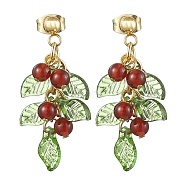 Christmas Natural Carnelian Stud Earring, with Acrylic Charms and 304 Stainless Steel Stud Earring Findings, Green, 34mm(EJEW-TA00477)