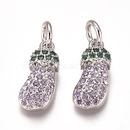 Brass Micro Pave Cubic Zirconia Charms, with Jump Rings, Eggplant, Platinum, 12.5x5.5x3mm, Hole: 3mm(ZIRC-I038-09P)