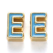 Rack Plating Alloy Enamel Beads, Cadmium Free & Nickel Free & Lead Free, Light Gold, Sky Blue, Letter.E, E: 10x6x4.5mm, Hole: 1.6mm(X-ENAM-S122-033E-NR)