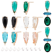10Pcs 5 Color K9 Glass Teardrop Stud Earring Findings, with Light Gold Tone Brass Findings & Vertical Loops & 20Pcs Plastic Ear Nuts, Mixed Color, 19x8mm, Hole: 1.2mm, Pin: 0.8mm, 2Pcs/color(KK-BC0011-45)