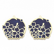 Brass Enamel Pendants, Etched Metal Embellishments, Matte Gold Color, Flat Round with Flower, Midnight Blue, 32x30x0.3mm, Hole: 1.8mm(KK-N223-10A)