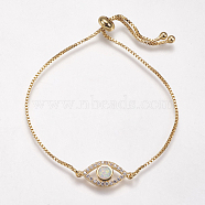Adjustable Brass Bolo Bracelets, Slider Bracelets, with Synthetic Opal and Cubic Zirconia, Eye, Golden, White, 8-3/4 inch(222mm), 1mm, Link: 20x9x3mm(BJEW-G593-11G-B)