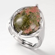 Teardrop Platinum Tone Brass Gemstone Adjustable Wide Band Rings, Unakite, 18mm, Tray: 20x17mm(RJEW-L062-02I)