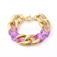 CCB Plastic & Acrylic Curb Chain Bracelets, with 304 Stainless Steel Toggle Clasps, Golden, Medium Orchid, 7-1/2 inch(19cm)(BJEW-JB06209-02)