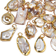 Natural White Shell Pendants, with Light Gold Plated Brass Edge, Mixed Shapes, Seashell Color, 16~34.5x16~32x3~9mm, Jump Ring: 6~8x1mm, Inner Diameter: 5~7mm(SHEL-S278-074)