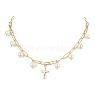 Shell Pearl Necklaces, Brass Cross Pendant Necklaces, Golden, 18.11 inch(46cm)(NJEW-JN04875)