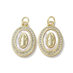 Brass Micro Pave Cubic Zirconia Pendants, with Shell, Virgin Mary Pattern, Real 18K Gold Plated, Oval, 19.5x12.5x3mm, Hole: 3mm(KK-G485-19B-G)