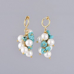 Synthetic Turquoise Chip Clip-on Earrings, with Shell Pearl Beads, Brass Hoop Earring Findings and Cardboard Packing Box, 49mm(EJEW-JE03834-04)