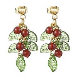 Christmas Natural Carnelian Stud Earring, with Acrylic Charms and 304 Stainless Steel Stud Earring Findings, Green, 34mm(EJEW-TA00477)