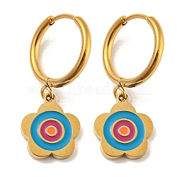 Golden 304 Stainless Steel Hoop Earrings, 316 Surgical Stainless Steel Enamel Drop Earrings, Flower, 25.5x10mm(EJEW-G380-01C)