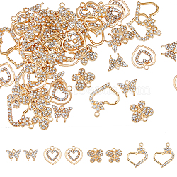 SUPERFINDINGS 64Pcs 4 Styles Alloy Pendants, with Crystal Rhinestone, Heart & Butterfly, Light Gold, 12~26x15~21x2~3mm, Hole: 1.4~2mm, 16pcs/style(FIND-FH0008-92)