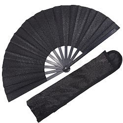 Glitter Plastic & Oxford Cloth Fan with Fan Bags, for Party, Dancing Decoration, Black, 343x57x31.5mm(AJEW-WH20022-89A)