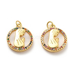 Brass Cubic Zirconia  with Shell Pendants, with Jump Ring, Long-Lasting Plated, Lead Free & Cadmium Free, Flat Round, Real 18K Gold Plated, 19x17x4mm, Hole: 3mm(KK-Z027-10G)