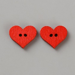 2-Hole Wooden Buttons, Heart, Red, 12.5x14.5x2.5mm, Hole: 1.4mm(BUTT-WH20005-06)