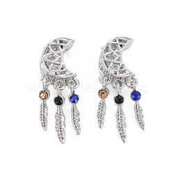 Rack Plating Alloy European Dangle Charms, with Rhinestone, Large Hole Beads, Cadmium Free & Nickel Free & Lead Free, Moon with Feather, Platinum, Colorful, 26mm, Hole: 5.5mm, Feather: 13~15x3x3mm(MPDL-N039-117)
