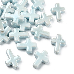 20Pcs Handmade Porcelain Beads, Bright Glazed Porcelain, Cross, Light Blue, 16~17x13~13.5x5.5mm, Hole: 1.4mm, 20pcs/set(PORC-YW0001-33I)