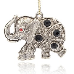 Antique Silver Alloy Rhinestone Elephant Pendants, Jet & Light Siam, 38x48x7mm, Hole: 3mm(PALLOY-J204-02AS)