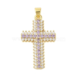 Rack Plating Brass Micro Pave Cubic Zirconia Pendants, Cadmium Free & Lead Free, Long-Lasting Plated, Cross, Real 18K Gold Plated, Lilac, 32x20x4mm, Hole: 4x3mm(KK-S380-39A-G)