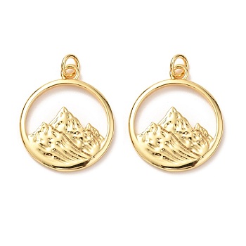 Brass Pendants, with Jump Ring, Long-Lasting Plated, Flat Round with Alps Mountain, Real 18K Gold Plated, 23.5x20x2mm, Hole: 3mm, Jump Ring: 5x0.8mm