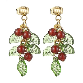 Christmas Natural Carnelian Stud Earring, with Acrylic Charms and 304 Stainless Steel Stud Earring Findings, Green, 34mm