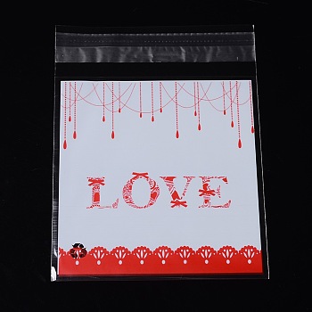 Rectangle OPP Cellophane Bags, with Word Love, Red, 14x9.9cm, Unilateral Thickness: 0.035mm, Inner Measure: 11x9.9cm, about 95~100pcs/bag